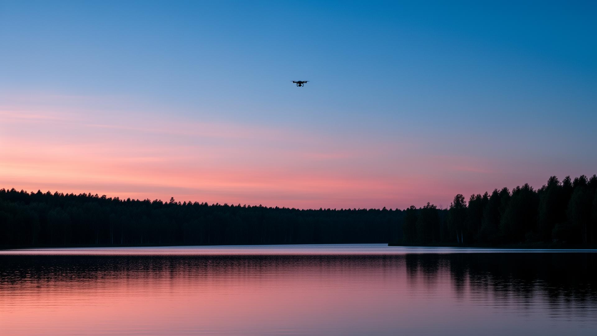Drone flying over a calm lake at dusk